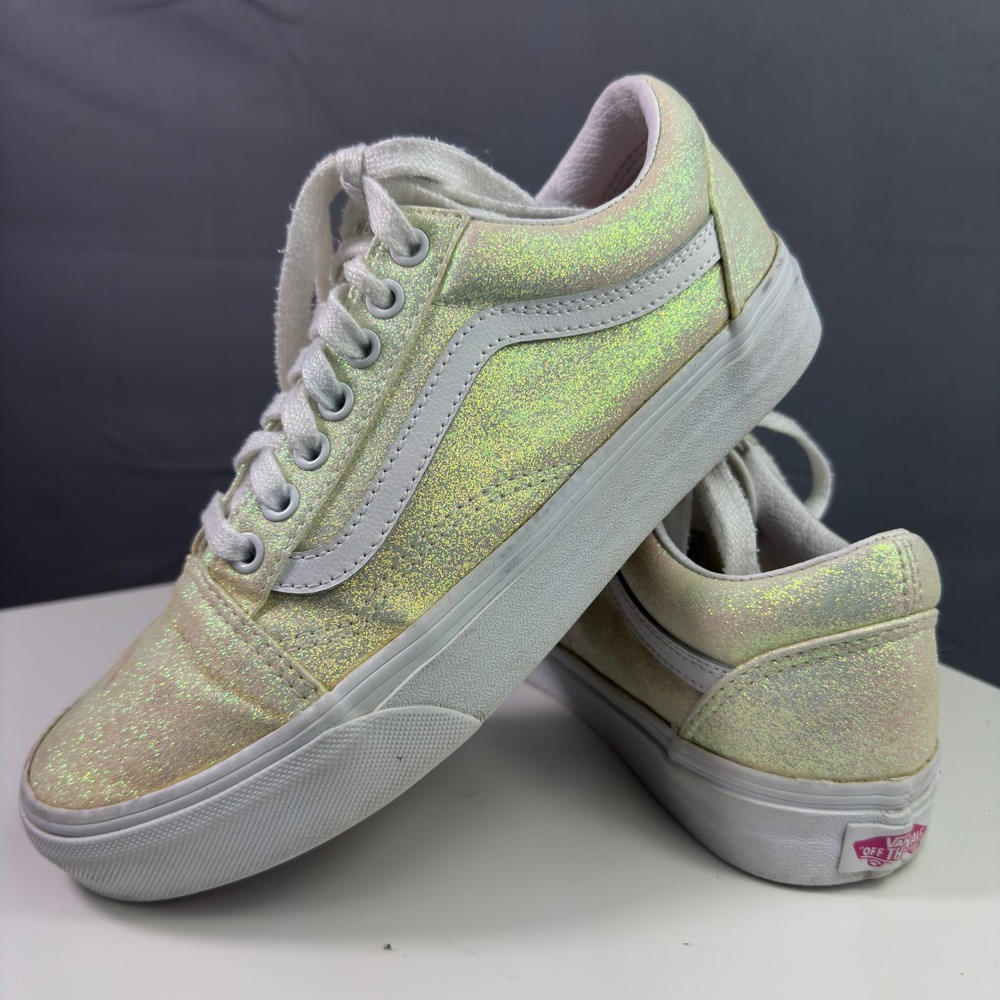 Vans Old Skool Sneakers Womens Size 8 Iridescent White Glitter Low Top 721454